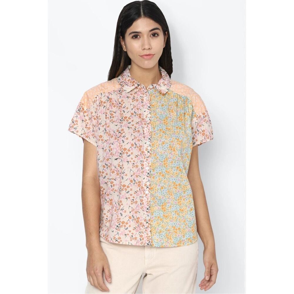 American Eagle Outfitters Pink & Yellow Floral Patchwork Button-Up Blouse